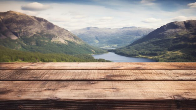 Mesa de tablas de madera vieja y rústica vacía contra un majestuoso paisaje con montañas