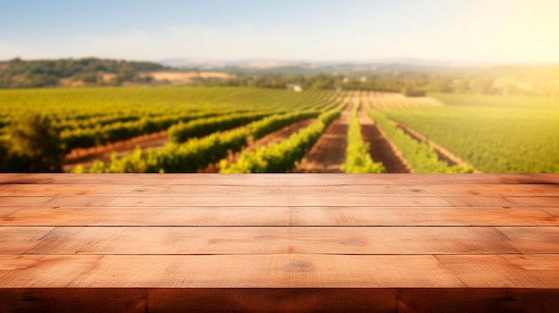 Mesa y tablero de madera sobre fondo de paisaje de viñedo IA generativa