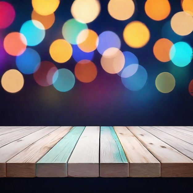 Mesa de tablero de madera vacía con fondo multicolor de luz nocturna de bokeh abstracto generado por IA