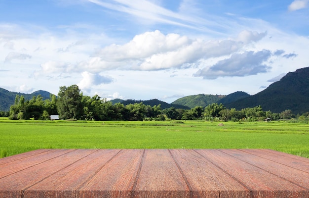 Mesa de tablón de madera marrón de perspectiva vacía con montaña de cielo azul con arroz de granja verde y paisaje natural. para el montaje de su producto