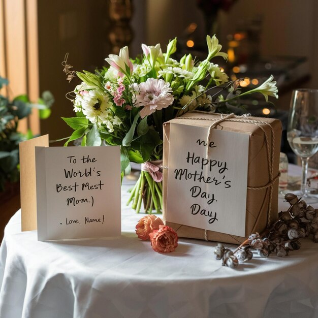 una mesa con una tarjeta que dice "feliz día de las madres" y flores