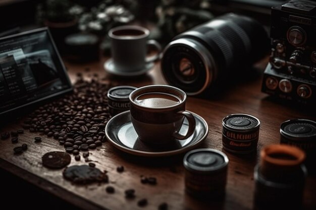 Una mesa con una taza de café y una cámara encima.