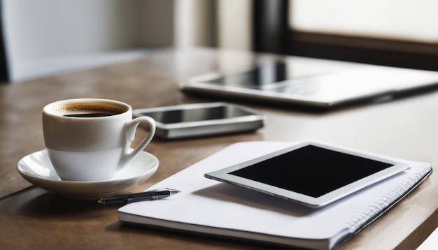 Una mesa con una taza de café un cuaderno y tres teléfonos celulares