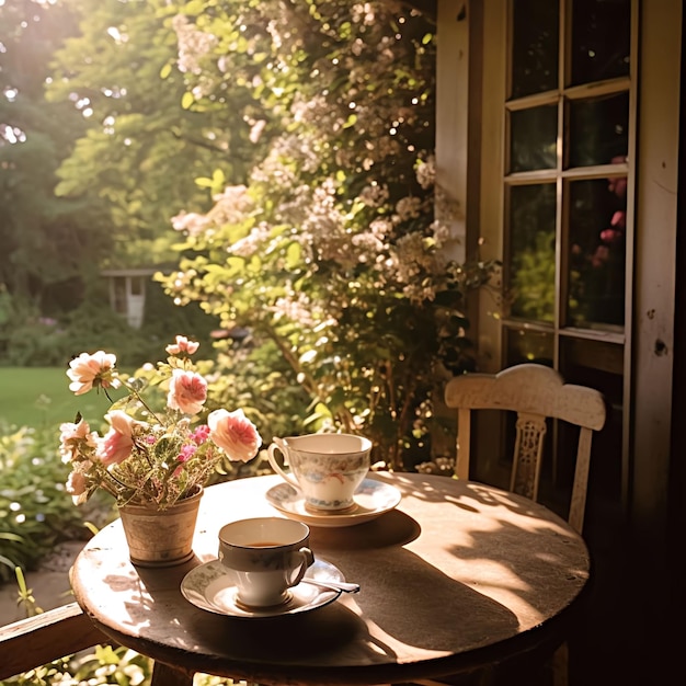 Una mesa con una taza de café y una flor encima.