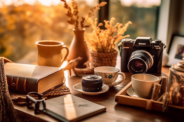 Mesa con una taza de café de libro de cámara