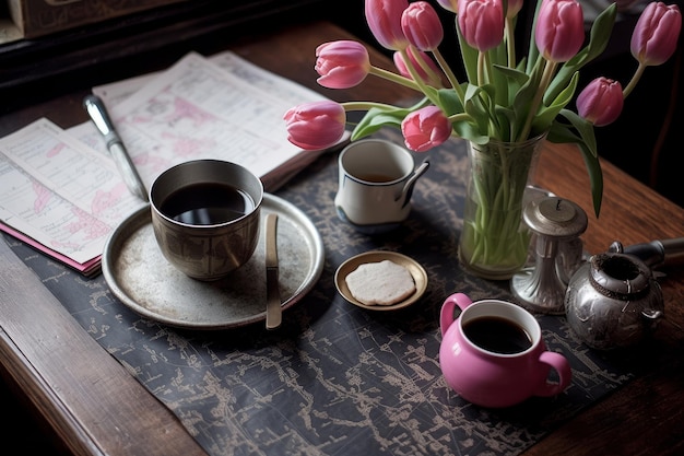 Una mesa con una taza de café y un libro encima.