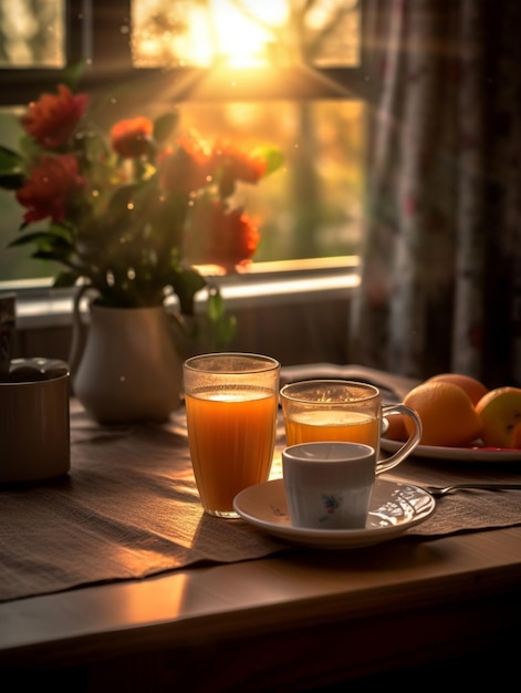 Una mesa con una taza de café y un plato de frutas.