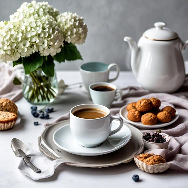 una mesa con una taza de café y un plato de galletas y una taza