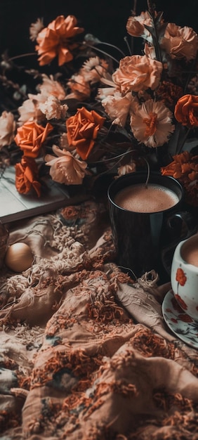 Una mesa con una taza de café y un ramo de rosas.