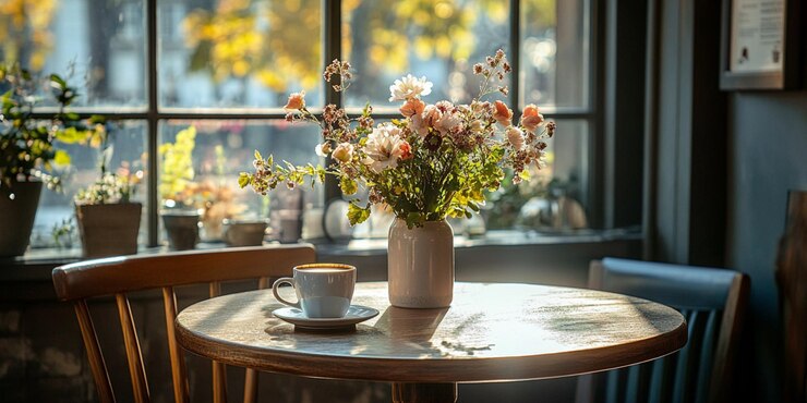 una mesa con una taza de café y una taza