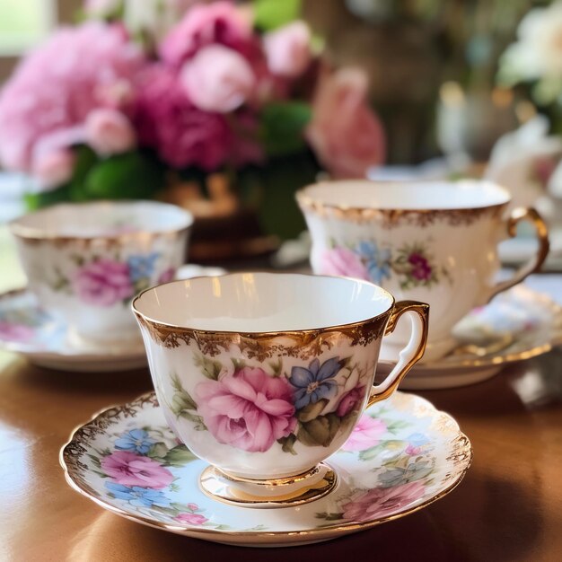 Una mesa con una taza de té floral y platos sobre ella.