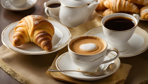 una mesa con tazas de café y croissants en ella