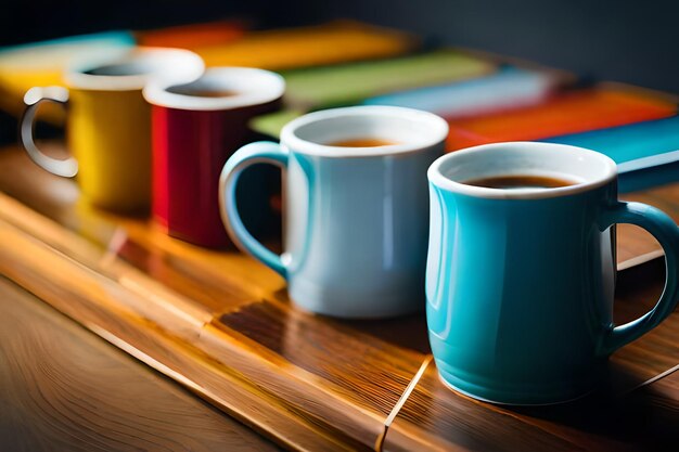 una mesa con tazas de café y un mantel de color.