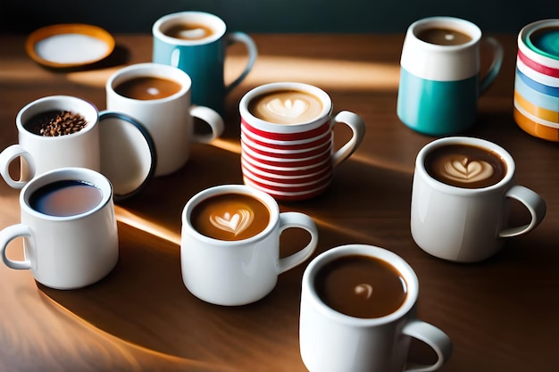 una mesa con tazas de café y una taza de café