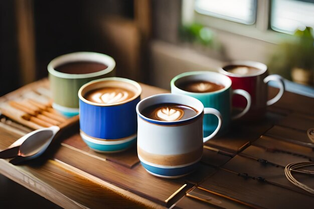 Foto una mesa con tazas de café y una ventana al fondo.