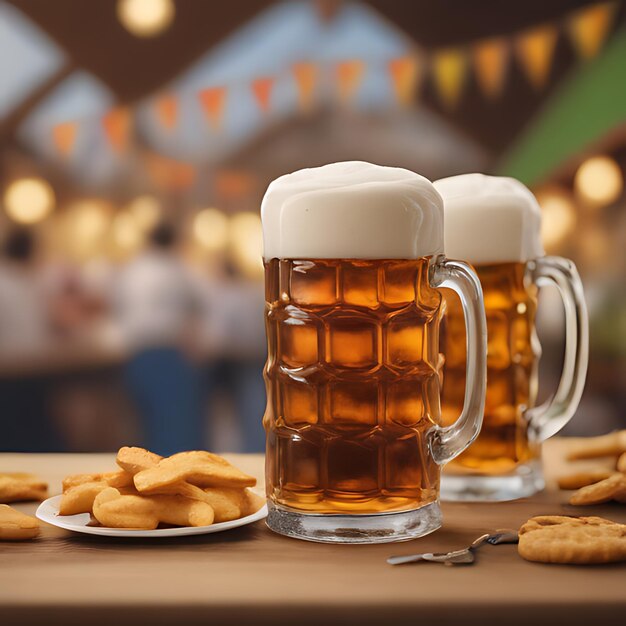 una mesa con tazas de cerveza y galletas en ella