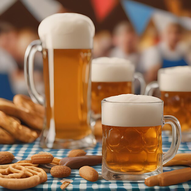 una mesa con tazas de cerveza y galletas en ella