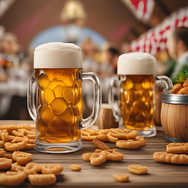 Foto una mesa con tazas de cerveza y galletas en ella