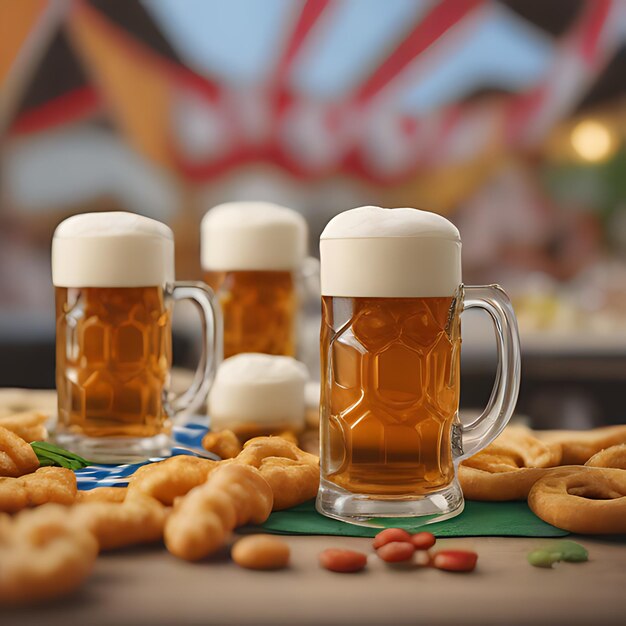 una mesa con tazas de cerveza y galletas en ella