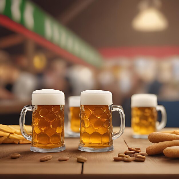 Foto una mesa con tazas de cerveza y galletas en ella