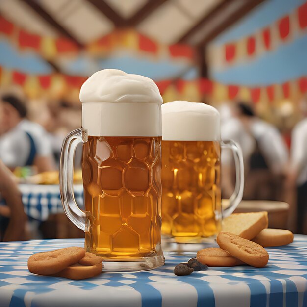 Foto una mesa con tazas de cerveza y galletas en ella