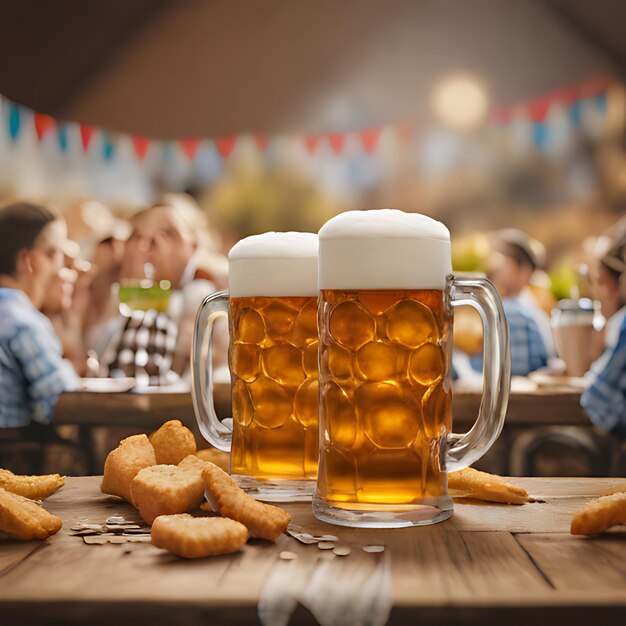 una mesa con tazas de cerveza y galletas en ella