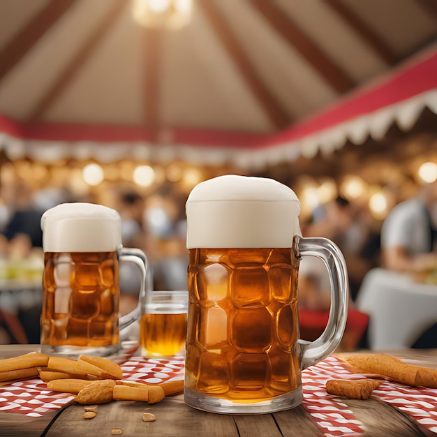 una mesa con tazas de cerveza y un mantel con personas en el fondo