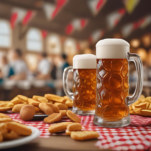 una mesa con tazas de cerveza y un plato de galletas en ella