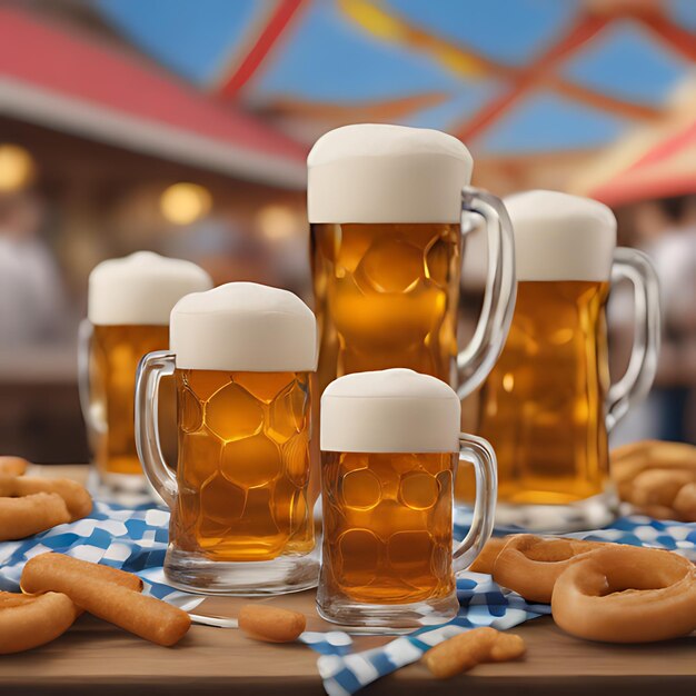 una mesa con tazas de cerveza y pretzels en ella