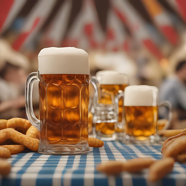 Foto una mesa con tazas de cerveza y salchichas en ella