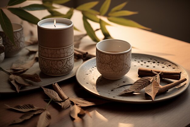 Mesa y tazas con sasafras y hojas de canela