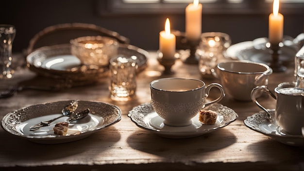 una mesa con tazas y una taza de té y una vela