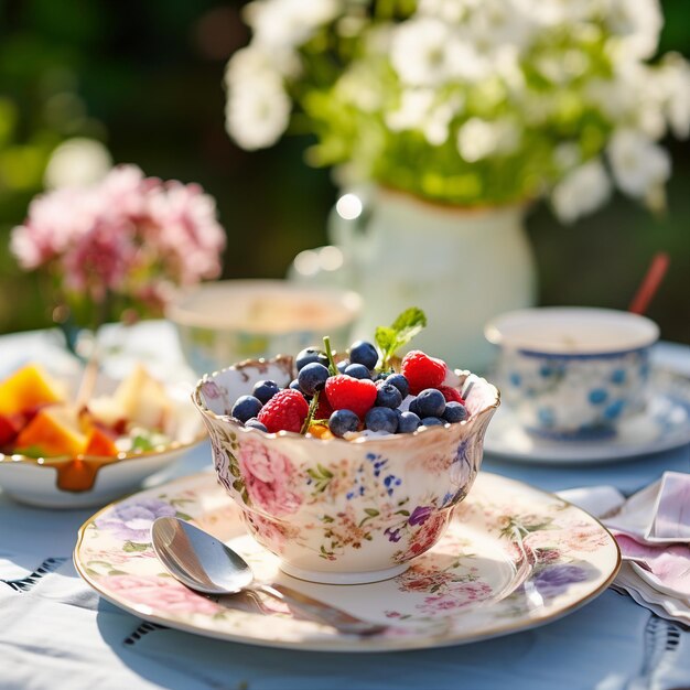 una mesa con tazas de té y un plato de fruta