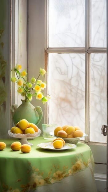 Una mesa con un tazón de limones y un jarrón con flores.