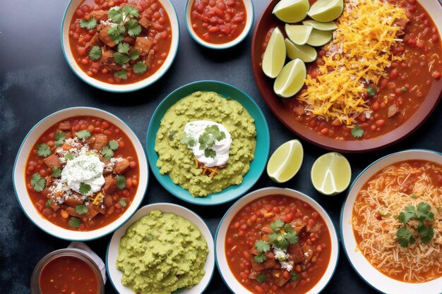 Una mesa de tazones de comida que incluye un tazón de salsa, guacamole y queso.