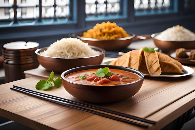 Una mesa con tazones de comida que incluyen curry y arroz.