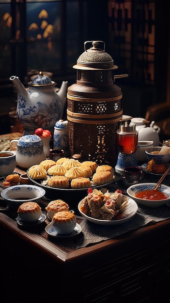 Una mesa con té y pasteles en ella