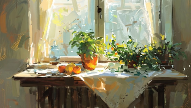 Una mesa con una tela de lino plantas y frutas en la luz del sol a través de la ventana