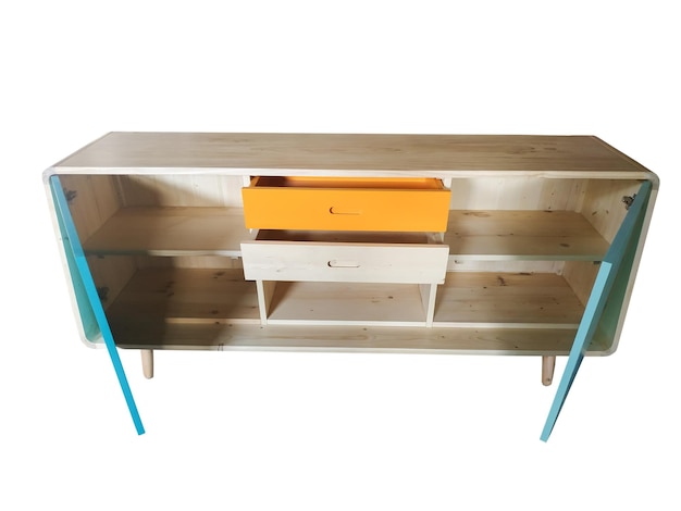 Foto mesa de televisión de vida de madera aislada sobre fondo blanco. inspiración de diseño de interiores.