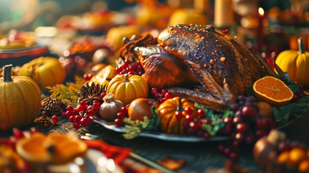 Foto mesa con tema de otoño adornada con platos decorativos para dar las gracias.