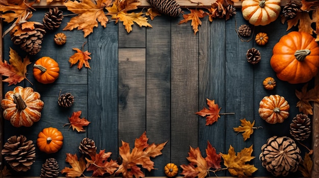 Mesa con tema de otoño con conos de pino hojas de otoño en varios tonos de naranja y marrón