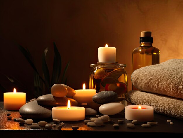 Una relajante escena de spa con velas, música relajante y personas que  disfrutan de la relajación y el cuidado personal.