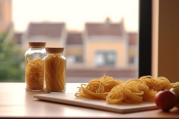 Mesa de textura de madera de espagueti sobre fondo de ventana de cocina borrosa IA generativa