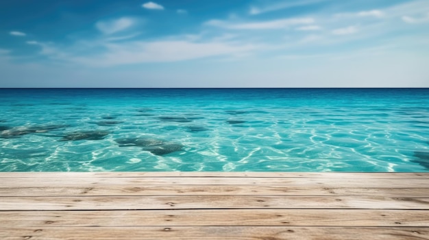 Mesa de textura de madera con mar azul y cielo brillante en el fondo de verano IA generativa AIG21