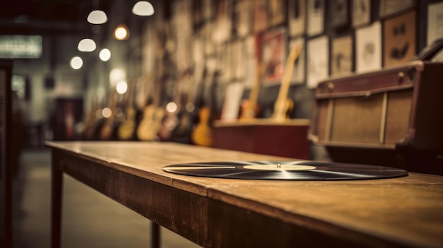 Una mesa en una tienda de música con una guitarra de fondo