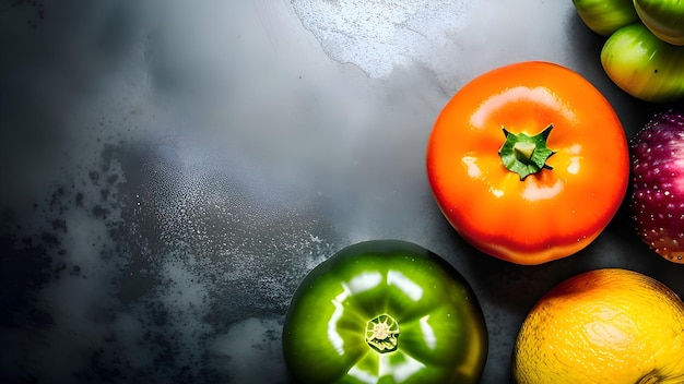 Una mesa con un tomate y un tomate verde