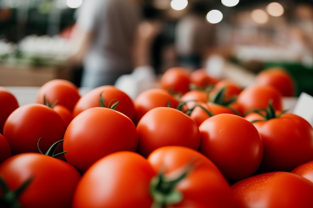 Una mesa de tomates en un mercado.