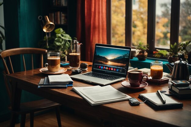 Mesa de trabajo con café portátil y documentos en el interior de una casa