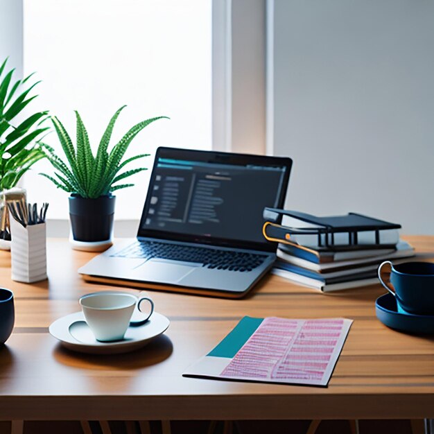 Mesa de trabajo con café portátil y documentos en el interior del hogar