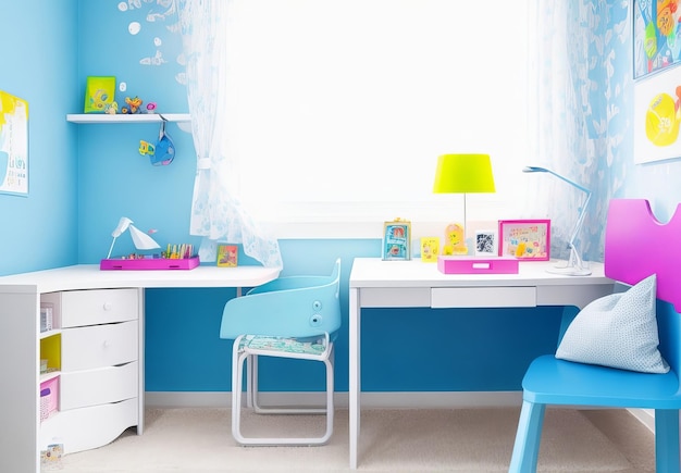 Mesa de trabajo en la habitación de los niños Interior y diseño de la habitación moderna brillante y espaciosa de los niños para p